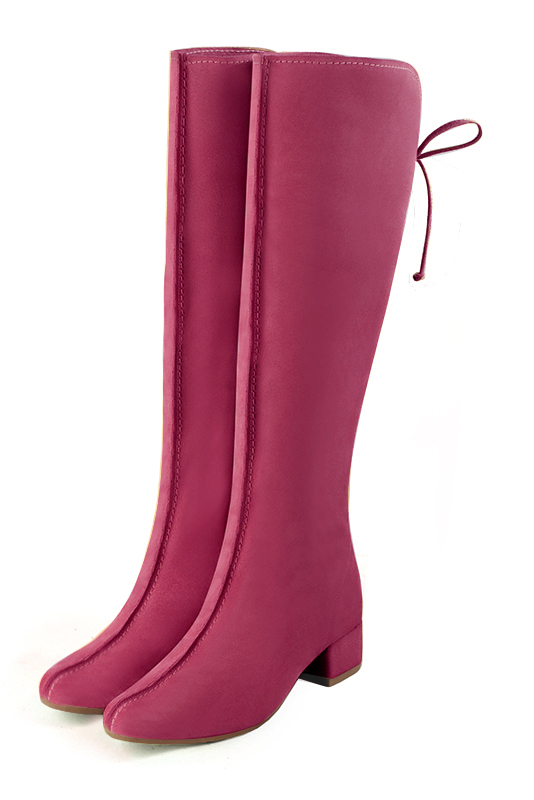 Fuschia pink women's knee-high boots, with laces at the back. Round toe. Low flare heels. Made to measure. Front view - Florence KOOIJMAN